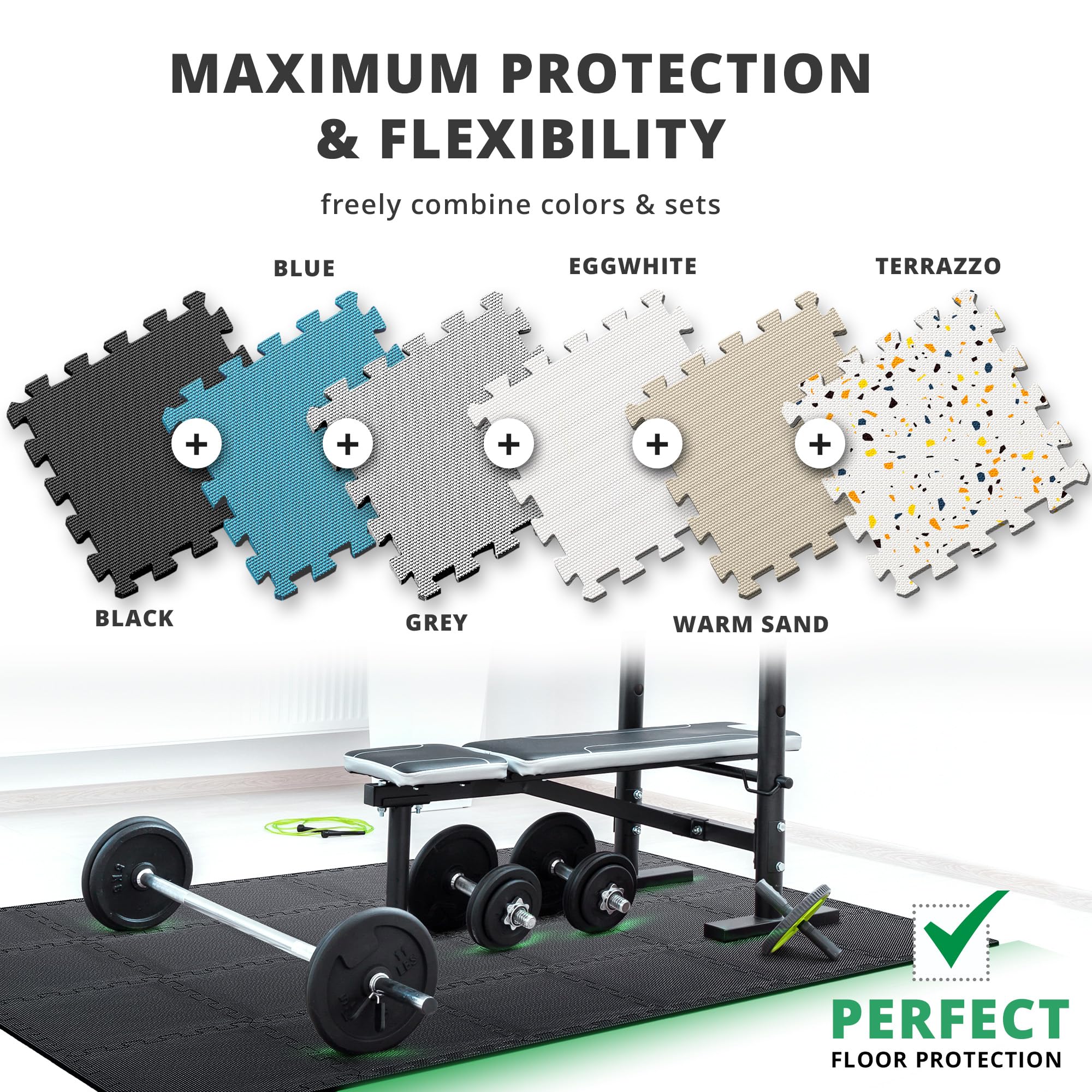 Gym Mats Set - 18 pcs EVA Interlocking Foam Floor Tiles  Protective Gym Flooring