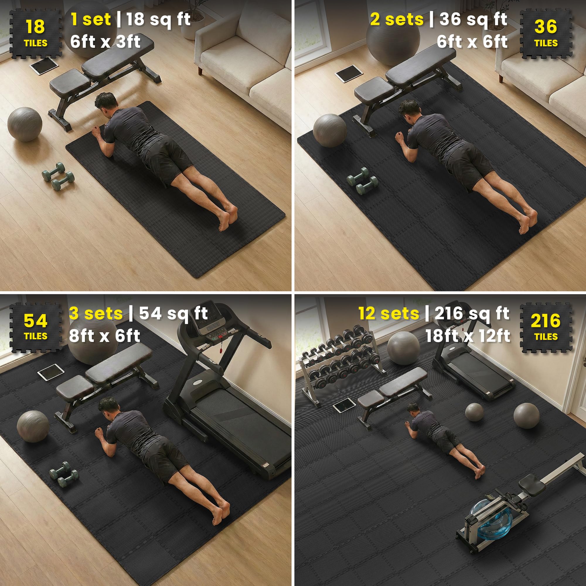 Gym Mats Set - 18 pcs EVA Interlocking Foam Floor Tiles  Protective Gym Flooring