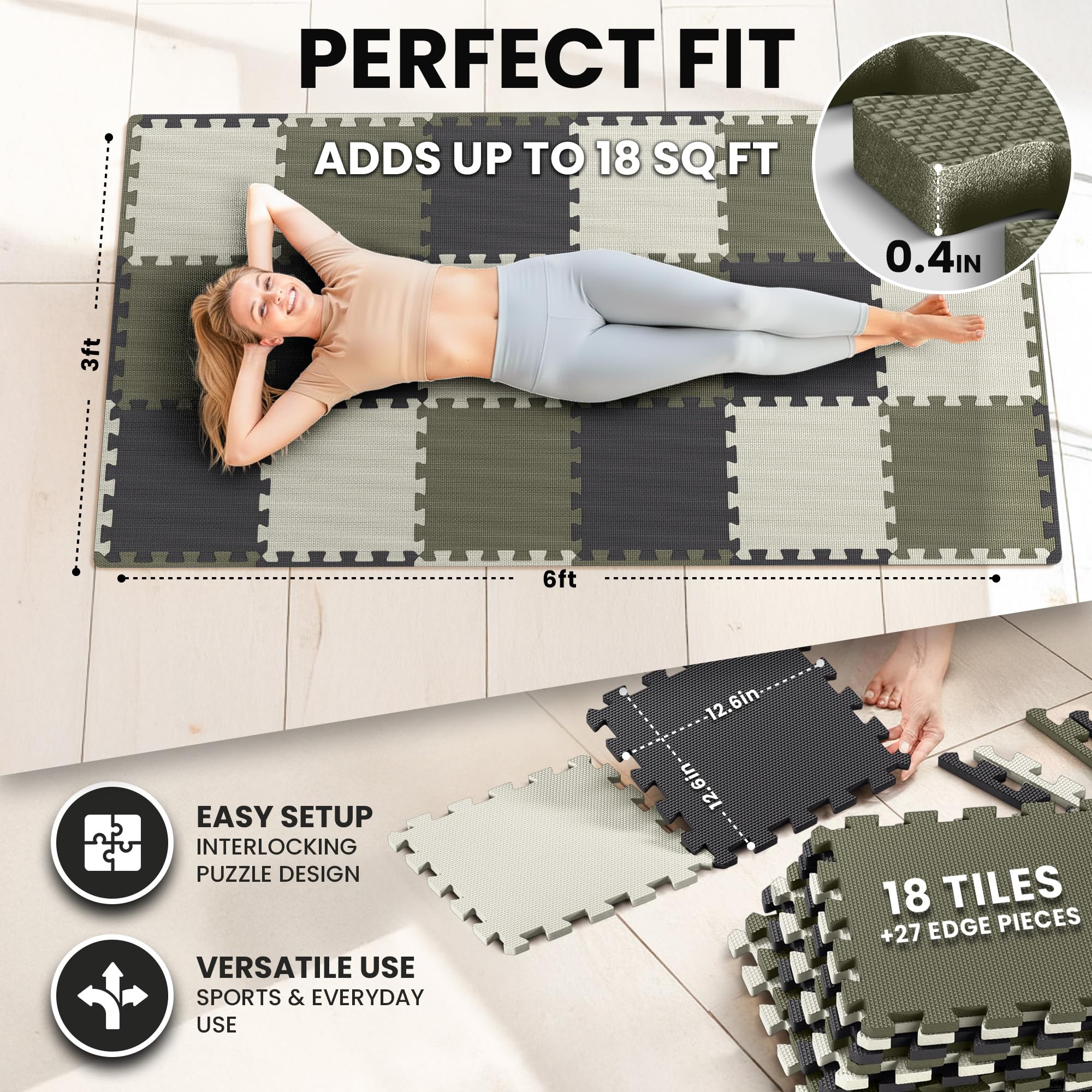 Gym Mats Set - 18 pcs EVA Interlocking Foam Floor Tiles  Protective Gym Flooring